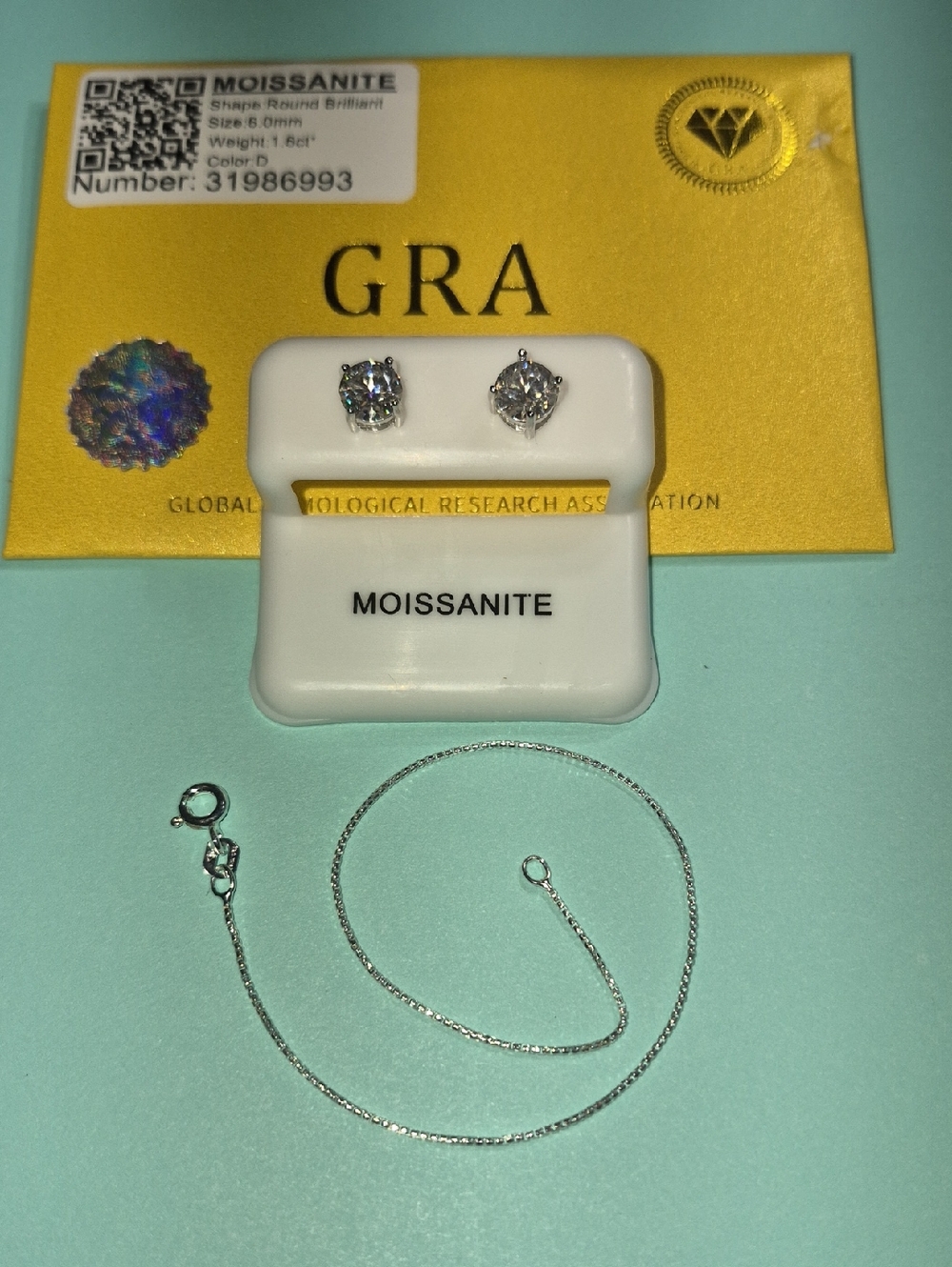 Moissanite Stud Earrings with Silver Chain Bracelet - Sparkling White
